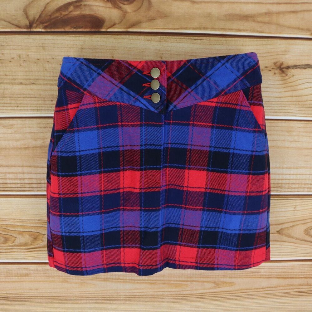 Red Blue Plaid Mini Skirt Womens Size M 100% Cotton Pockets Buttons tgla
